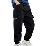 Boys' Cotton Cargo Pants Casual Children Boy Girl Joggers Elastic Waist Outdoor Hiking Baggy Trousers Winter Fall Black 15 Years